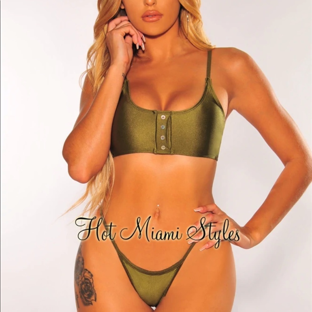Hot Miami Styles Olive Glistening Button String Bikini - Medium
